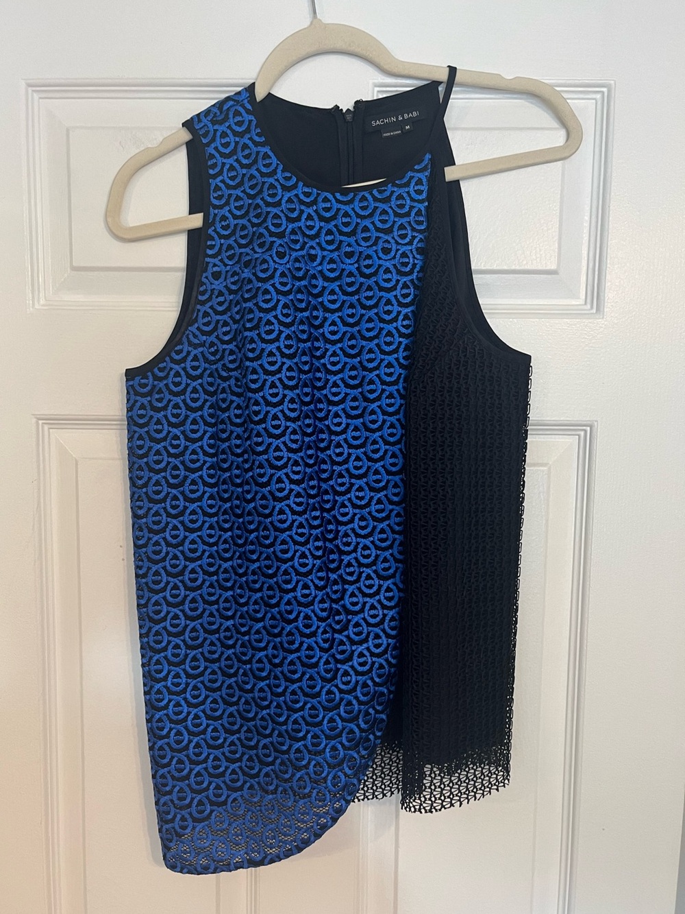 Sachin + Babi Black and Bright Blue Lace-Pattern Sleeveless Top
